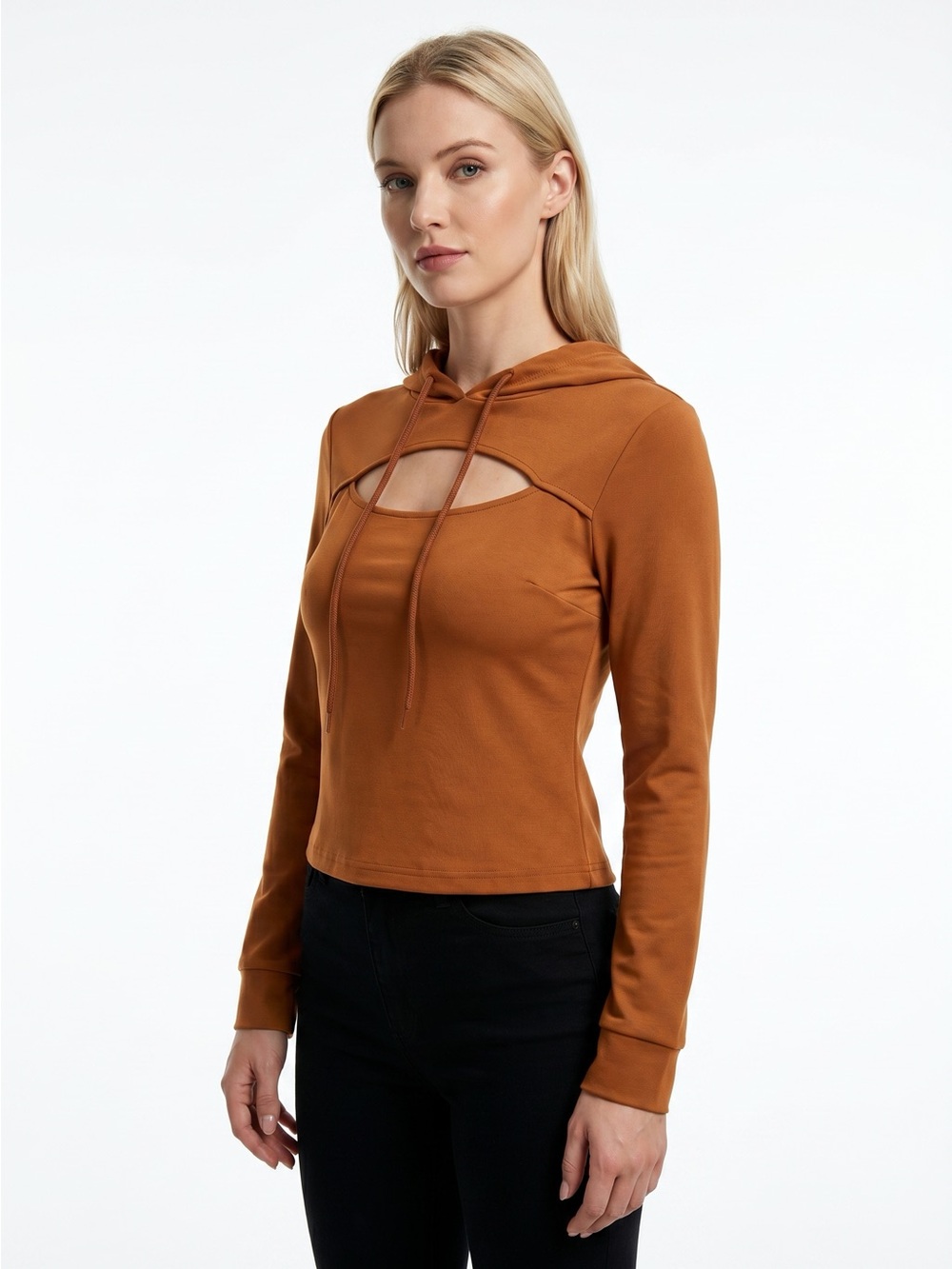 Cutout Hooded Long-Sleeve Top in Rust